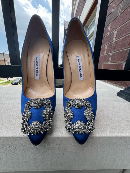 Manolo Blahnik Shoes - Manolo Blahnik Royal Blue Satin Crystal-Embellished Pointed Pumps